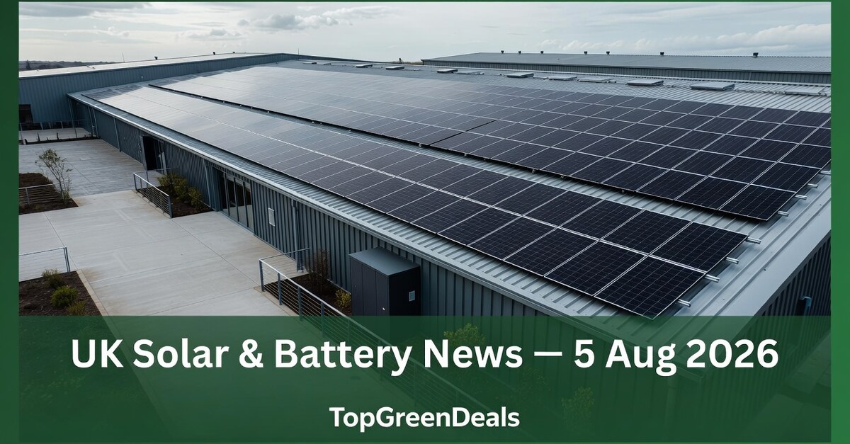 Commercial solar panels on a UK workshop roof with battery storage — TopGreenDeals energy digest 5 August 2026