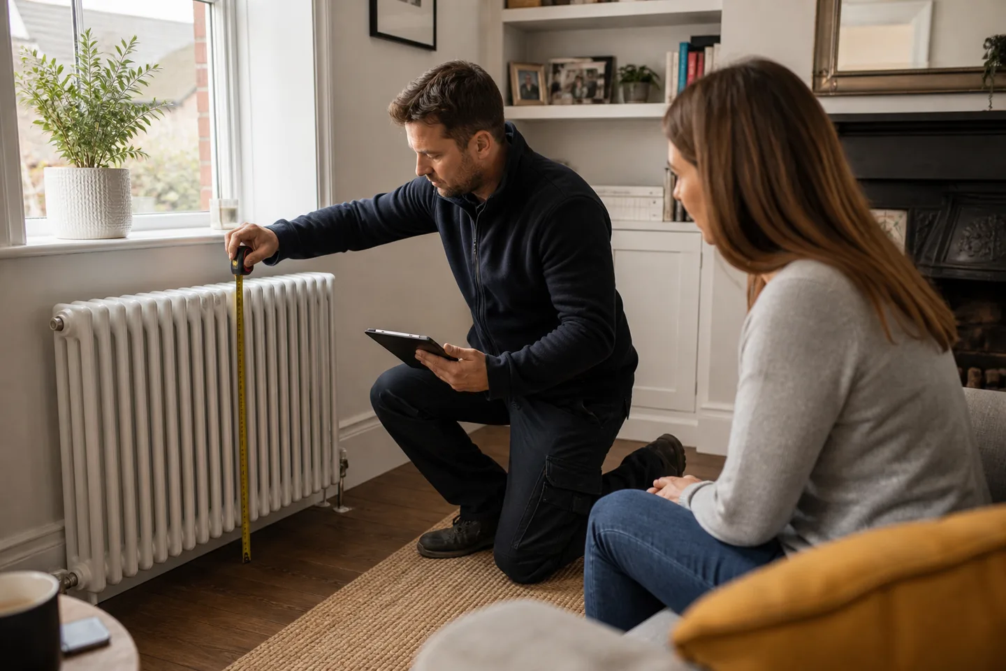 Heating engineer measuring a radiator during a room-by-room heat-loss survey