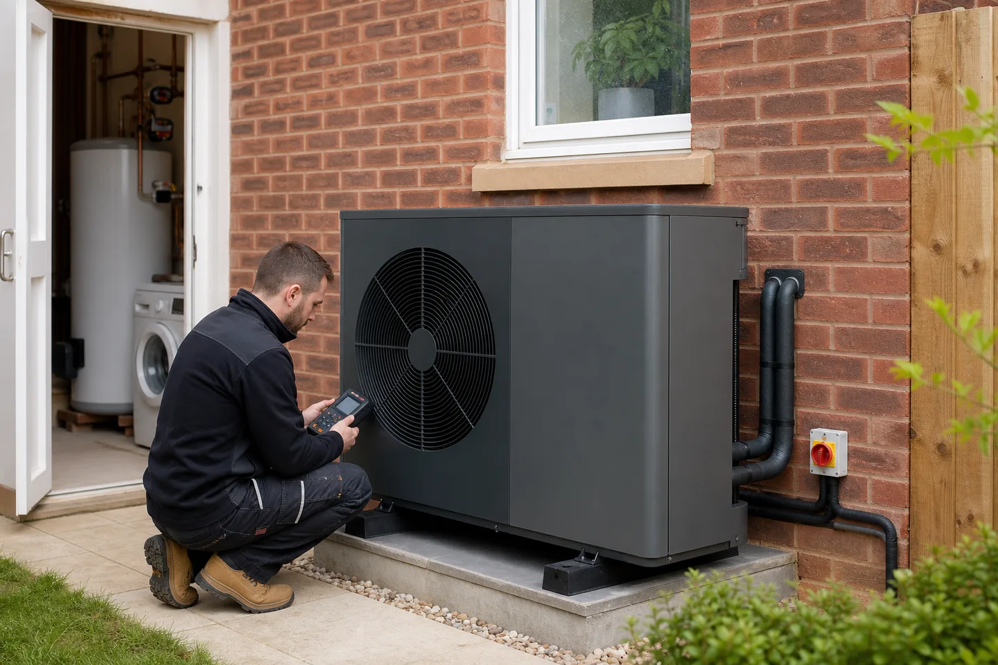Installer commissioning an air source heat pump beside a UK brick home