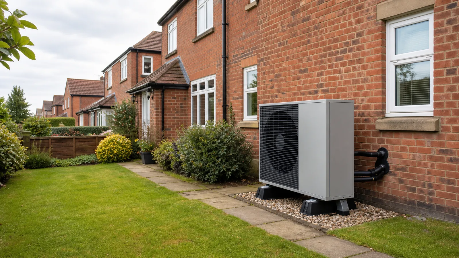 Air source heat pump installed with clear airflow beside a red-brick UK home