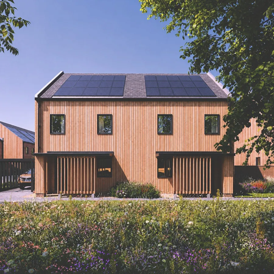 Timber-clad solar homes at Carpenters Yard in Thornwood, Essex