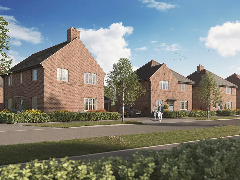 Street view rendering of energy-efficient HarperCrewe homes at Creswell