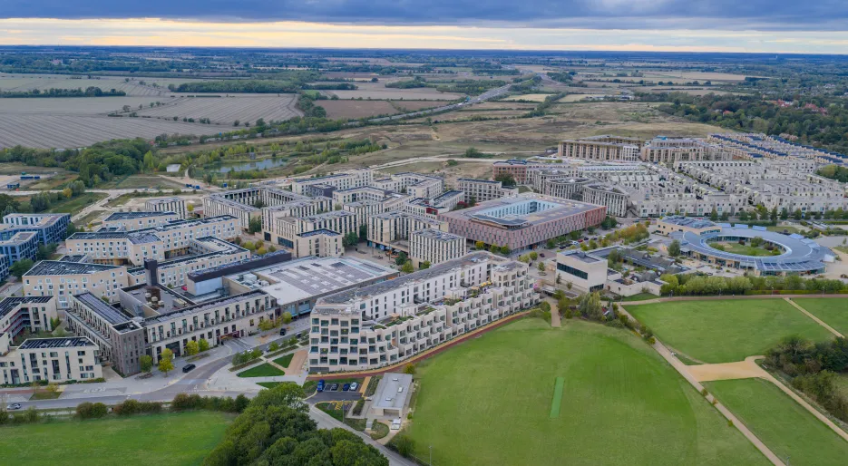 Aerial view of The Icon and the wider Eddington neighbourhood in Cambridge