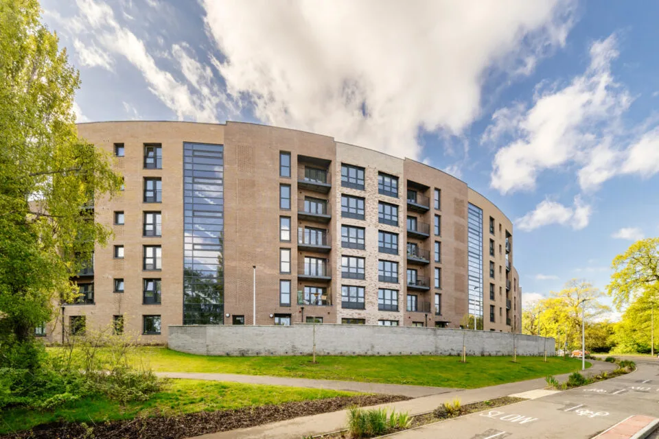 West Shore apartment buildings beside landscaped paths in Granton, Edinburgh
