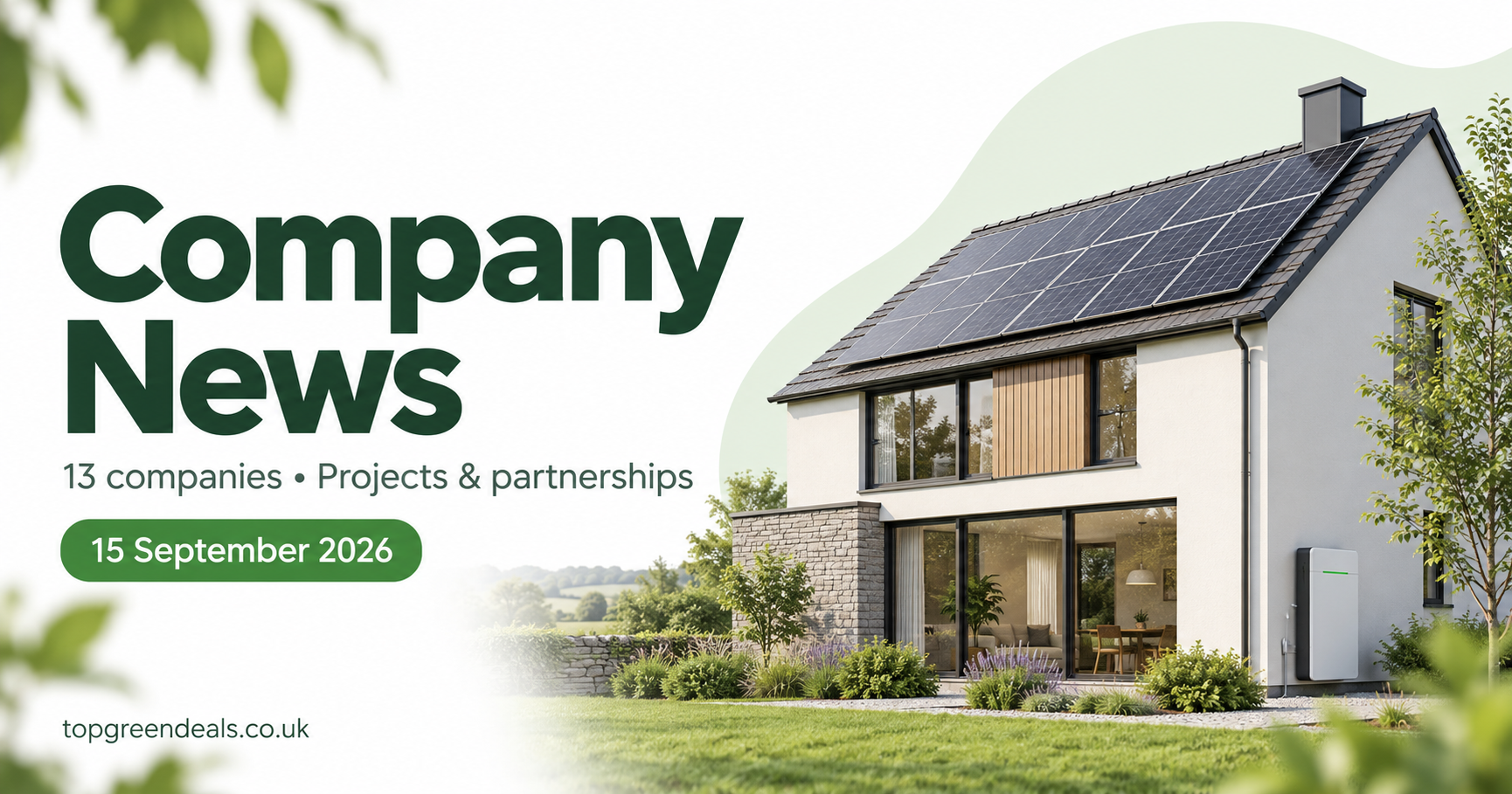 Company News, 15 September 2026: 13 companies, projects and partnerships, illustrated with a solar-powered home.
